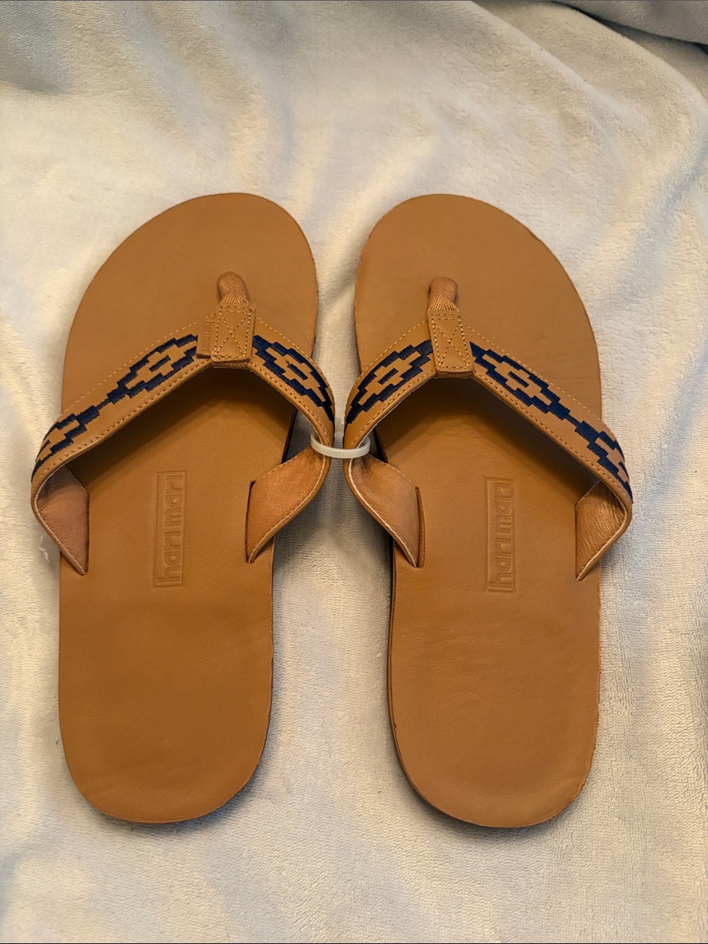 Men's Tan Leather Flip Flop Sandals with Navy Patterned Strap